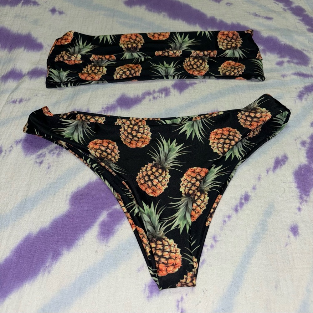 Zaful Pineapple Print Black Bandeau Bikini Size Medium (6)